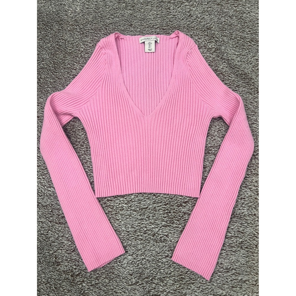 Sincerely Jules Pink Ribbed V-Neck Long Sleeve Crop Top Sweater Small ST21022